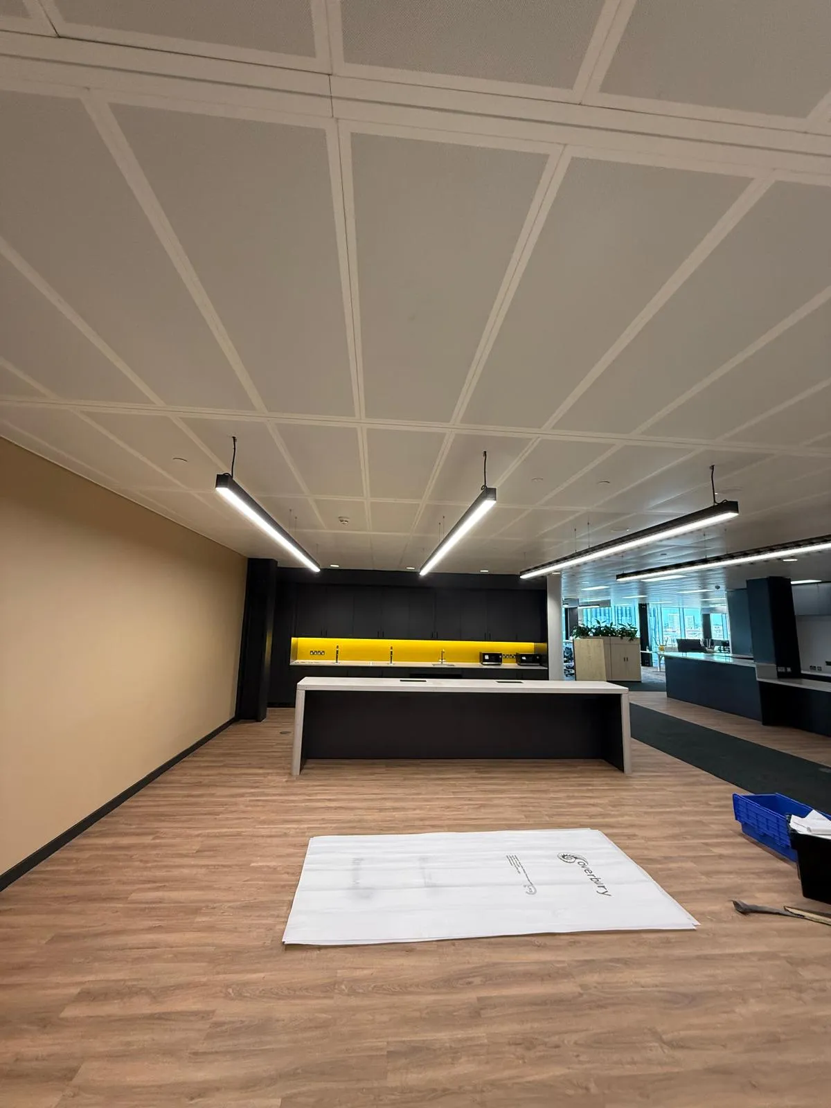 Completed workplace interior with a coffered ceiling