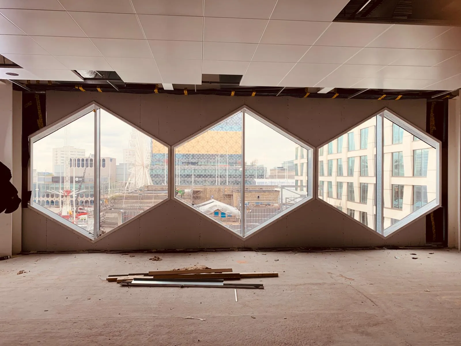 Partitioned interior with geometric window openings